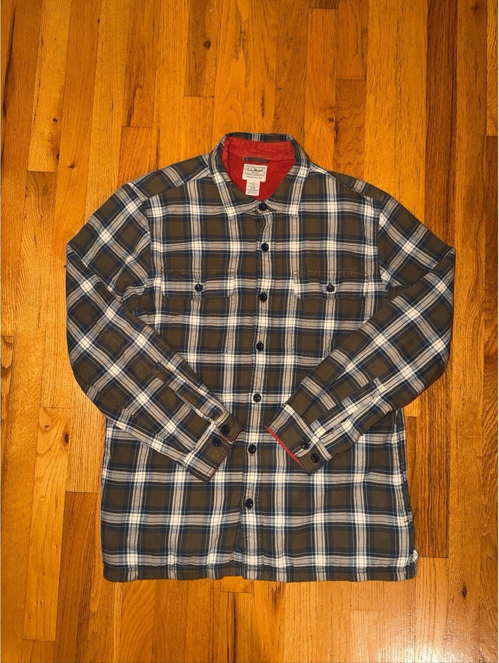 L.L.Bean Men’s Medium Traditional Fit Plaid Flannel Shirt Jacket Red Lined